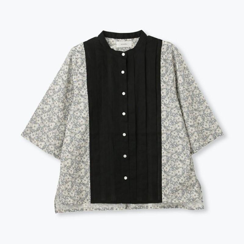 sosotto LIBERTY*60ローン太ピンタック切替ブラウス6分袖 BK02 【日本製】